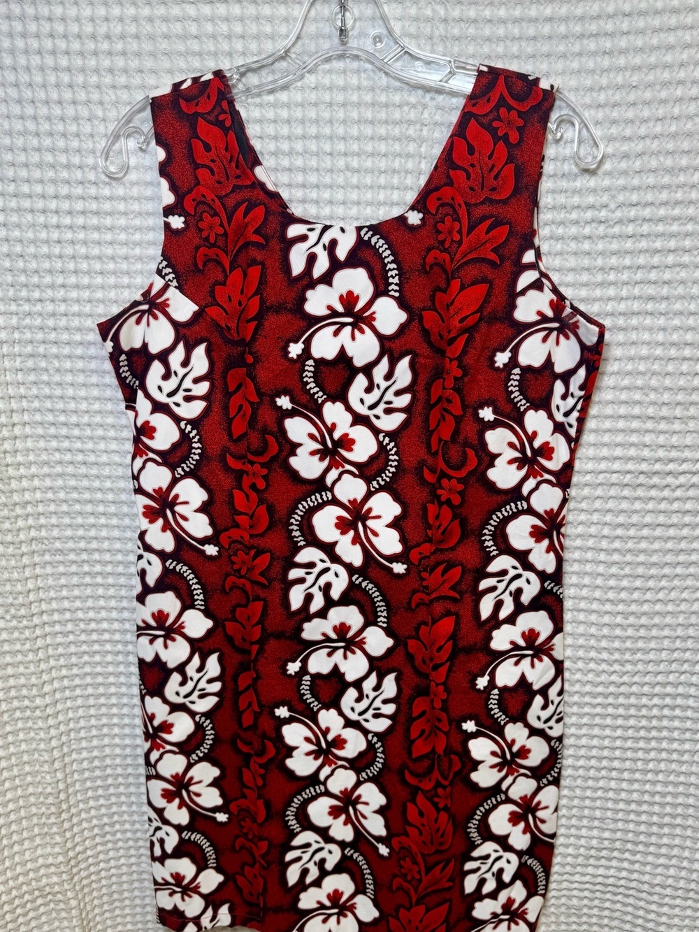 Ky’s Made in Hawaii Red & White Hibiscus Panel Cotten Tank Dress, Size Large